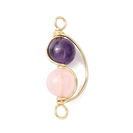 Copper Wire Wrapped Natural Rose Quartz & Amethyst Round Beded Links Connector Charms PALLOY-JF04678-03-1
