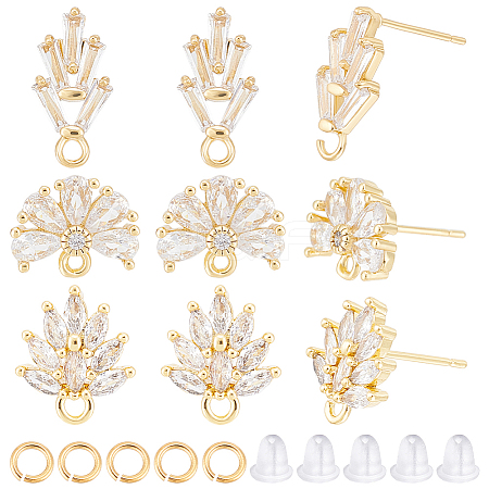 6 Pairs 3 Style Flower Brass Cubic Zirconia Stud Earring Findings KK-CN0003-19-1