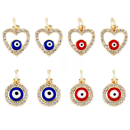 DICOSMETIC 8Pcs 4 Styles Evil Eye Brass Micro Pave Clear Cubic Zirconia Charms KK-DC0002-64-1