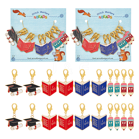 Graduation Theme Alloy Enamel Book & Pencil & Doctoral Cap Pendant Locking Stitch Markers HJEW-AB00078-1