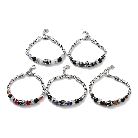 Buddha Head Natural Mixed Gemstone Faceted Beaded Bracelets with 201 Stainless Steel Lobster Claw Clasps BJEW-Q334-10-1