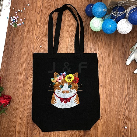 DIY Cat Pattern Canvas Tote Bag Embroidery Kits for Beginners PW-WG2E975-06-1