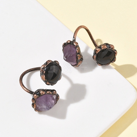 Natural Amethyst & Obsidian Rings RJEW-B122-04R-03-1