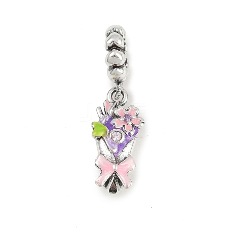 Brass Rhinestone Pink Enamel Bouquet European Dangle Charms LS-KK-P324-06P-1