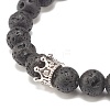Natural Lava Rock Round Beaded Stretch Bracelet with Clear Cubic Zirconia Crown BJEW-JB07797-01-4