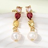 Round Brass Micro Pave Cubic Zirconia Dangle Stud Earrings EJEW-L311-01G-01-1