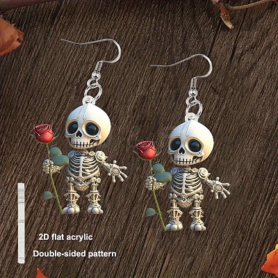 Skeletonl with Rose Acrylic Dangle Earrings FS-WG6350E-01-1