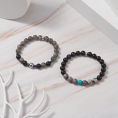 Natural Black Stone & Picasso Jasper & Labradorite & Synthetic Turquois & Non-Magnetic Synthetic Hematite Beaded Stretch Bracelets Sets for Women BJEW-JB09279-1