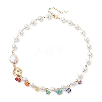 Round Shell Pearl & Natural Keshi Pearl Link Chain Necklaces NJEW-JN05332-1