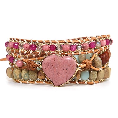 Bohemia Style Heart Natural Rhodochrosite & Shoushan Beads Multi-strand Bracelets FS-WGBC1C4-02-1