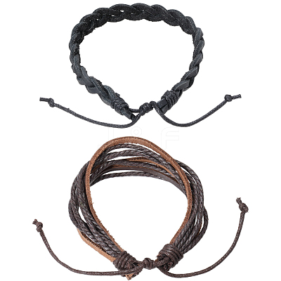2Pcs 2 Styles Adjustable Cowhide Leather Cord Braided Bracelets BJEW-CL0001-16-1