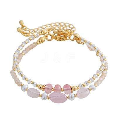 2Pcs Natural Rose Quartz & Glass & Imitation Pearl & Brass Beaded Bracelets for Women JV0360-4-1