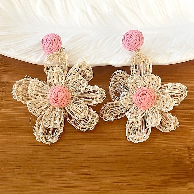Bohemian Raffia with Linen Stud Dangle Earrings FS-WG91701-01-1