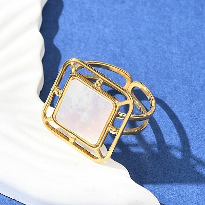 Square 304 Stainless Steel White Shell Cuff Rings for Women RJEW-G346-03G-02-1