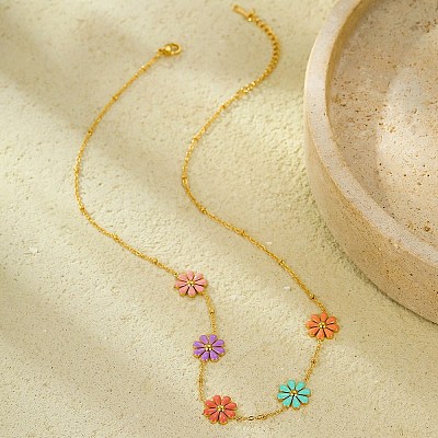 304 Stainless Seel Enamel Daisy Flower Link Chain Necklaces for Women NJEW-D303-01G-1