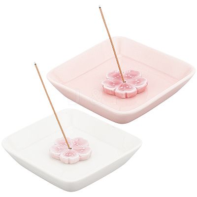 2Pcs Square Handmade Porcelain Jewelry Plate & 2Pcs Sakura Flower Ceramic Incense Burners AJEW-CP0005-53-1