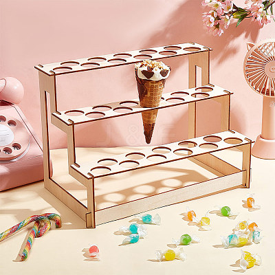 3-Tier Wooden Ice Cream Cone Display Risers ODIS-WH0017-090-1