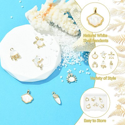 6Pcs 6 Styles Ocean Themeed Brass Pave Natural White Shell Pendants KK-CJ0003-66-1