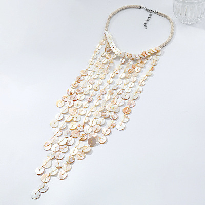 Resin Disc Long Tassel Cotton Rope Bib Necklaces with Alloy End Chains for Women FS-WG31146-01-1