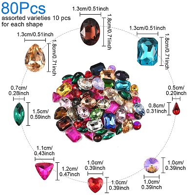 80Pcs 8 Styles Pointed Back Glass Rhinestone Cabochons RGLA-YW0002-08-1