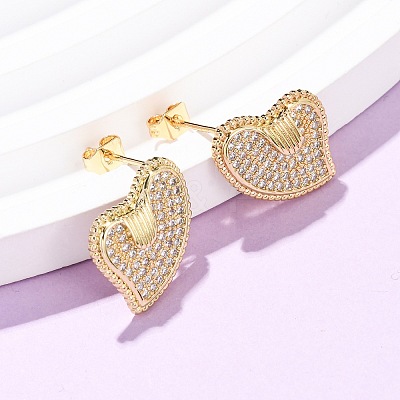 Heart Brass Micro Pave Cubic Zirconia Stud Earrings EJEW-B153-19G-01-1