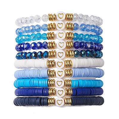 10Pcs Polymer Clay Disc & Glass & Brass Beaded Stretch Bracelets Set BJEW-JB09676-01-1