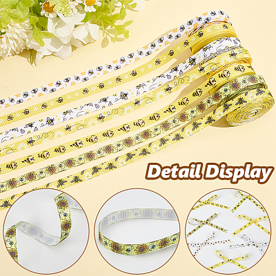 7 Rolls 7 Styles Polyester Bees Printed Grosgrain Ribbons Set SRIB-CY0001-02A-1