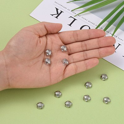 201 Stainless Steel 5-Petal Flower Filigree Fancy Bead Caps STAS-E088-01-1