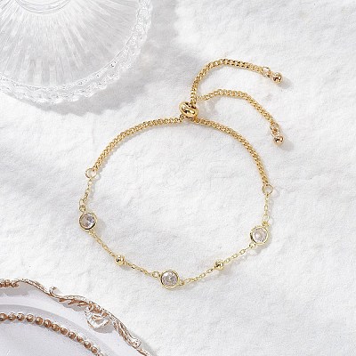 Adjustable Brass Clear Cubic Zirconia Flat Round Link Chains Slider Bracelets BJEW-JB12326-1