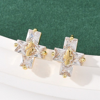 Brass Micro Pave Clear Cubic Zirconia Cross Stud Earrings EJEW-F400-22A-G-1