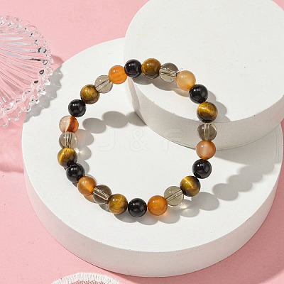Synthetic Smoky Quartz & Natural Tourmaline & Carnelian & Tiger Eye Round Beaded Stretch Bracelets BJEW-JB10910-04-1