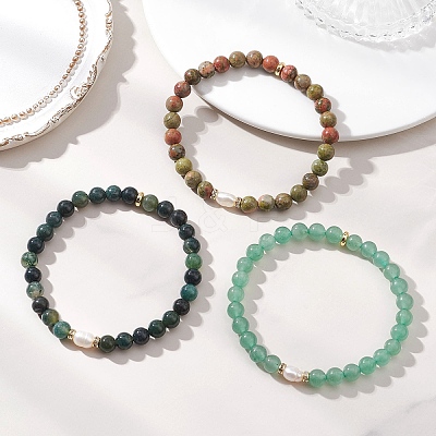 3Pcs Natural Moss Agate & Green Aventurine & Unakite Round Beads Stretch Bracelets for Women BJEW-JB13056-1