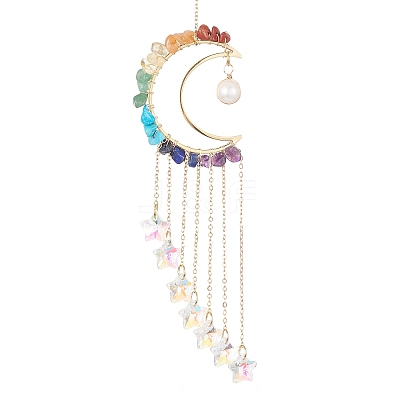 Glass Star & Natural Pearl Pendant Decoration HJEW-JM01183-02-1