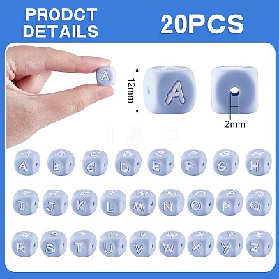 20Pcs Blue Cube Letter Silicone Beads 12x12x12mm Square Dice Alphabet Beads with 2mm Hole Spacer Loose Letter Beads for Bracelet Necklace Jewelry Making JX434B-1