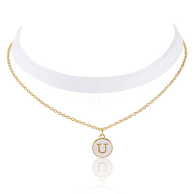 Alloy Enamel Letter Pendant Single Face White Velvet Ribbon & Brass Chain Double Layered Choker Necklaces NJEW-TAC0036-1
