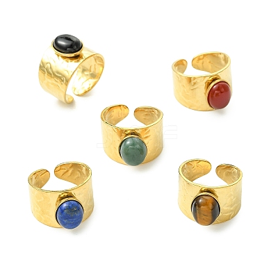 Natural Carnelian/Black Agate/Tiger Eye/Lapis Lazuli/Moss Agate Cuff Open Rings RJEW-JR01079-02-1