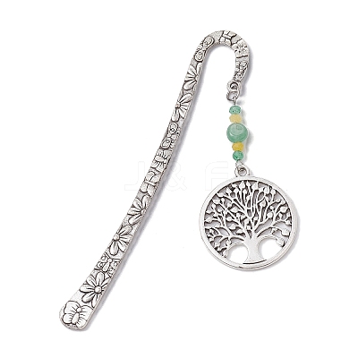 Natural Malaysia Jade & Green Aventurine Beaded Pendant Bookmarks with Alloy Tree of Life AJEW-JK00255-04-1