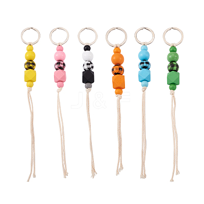6Pcs 6 Colors Schima Wood & Cotton Cord Keychain KEYC-KS0001-03-1
