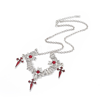 FireBrick Enamel Bat with Cross Pendant Necklace & Dangle Earrings SJEW-G081-03AS-1