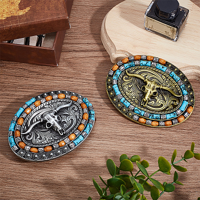 2Pcs 2 Colors Ox Head Alloy Belt Buckle for Men with Wood Bead FIND-AN0001-01-1