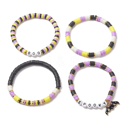 4Pcs 4 Style Polymer Clay Heishi Surfer Stretch Bracelets Set wtih Alloy Enamel Bat Charms BJEW-TA00253-1