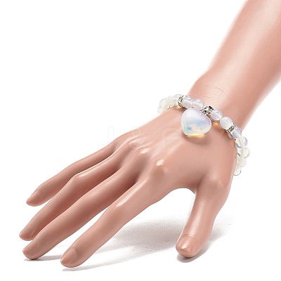 Opalite Round Beaded Stretch Bracelet with Heart Charm BJEW-JB09019-01-1