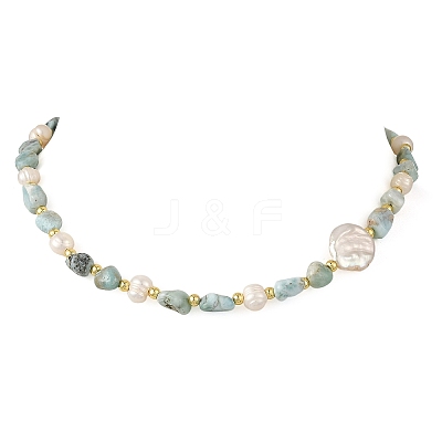 Natural Larimar Nuggets & Natural Cultured Freshwater Pearl & Keshi Pearl Coin Beaded Bracelets NJEW-JN06574-02-1