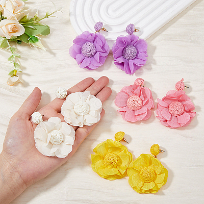 4 Pairs 4 Colors Bohemian Style Raffia Flower Dangle Stud Earrings with Iron Pins EJEW-FI0002-26-1