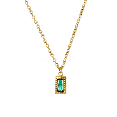Vintage 304 Stainless Steel Emerald Rhinestone Rectangle Pendant Necklaces for Women NI1330-1-1