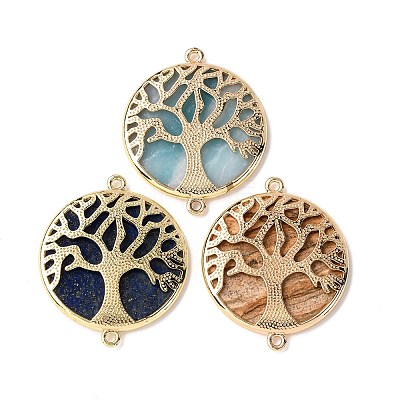 Natural Mixed Gemstone Flat Round Connector Charms G-E609-01G-1