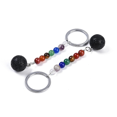 Natural Lava Rock Round Beaded Keychain G-H076-01P-02-1