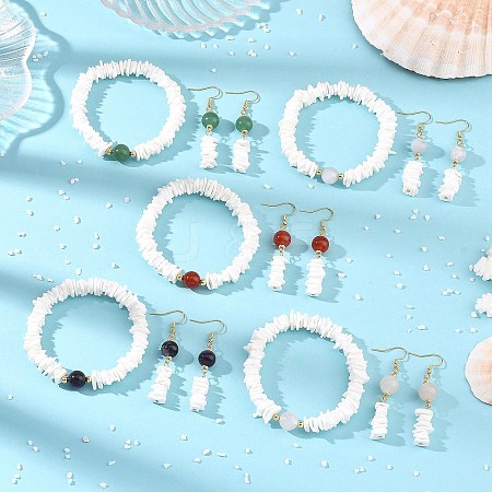 Natural Sea Shell Square Heishi Beads Dangle Earrings and Bracelets SJEW-JS01388-1