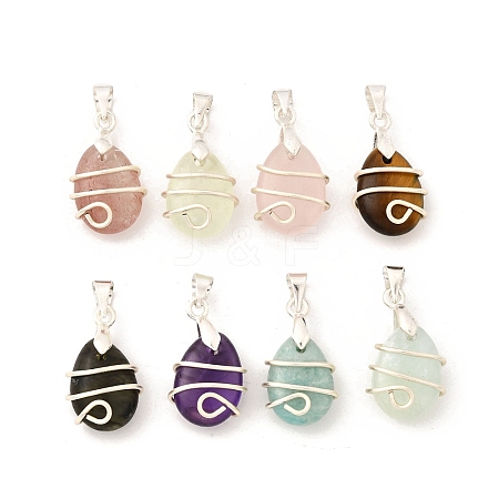 Copper Wire Wrapped Natural Labradorite & Amazonite & Aquamarine & Rose Quartz & Amethyst & Tiger Eye & Strawberry Quartz & Prehnite Pendants PALLOY-JF04064-02-1