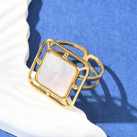 Square 304 Stainless Steel White Shell Cuff Rings for Women RJEW-G346-03G-02-1